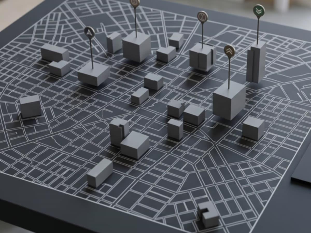 Clay model of a city grid with three buildings marked